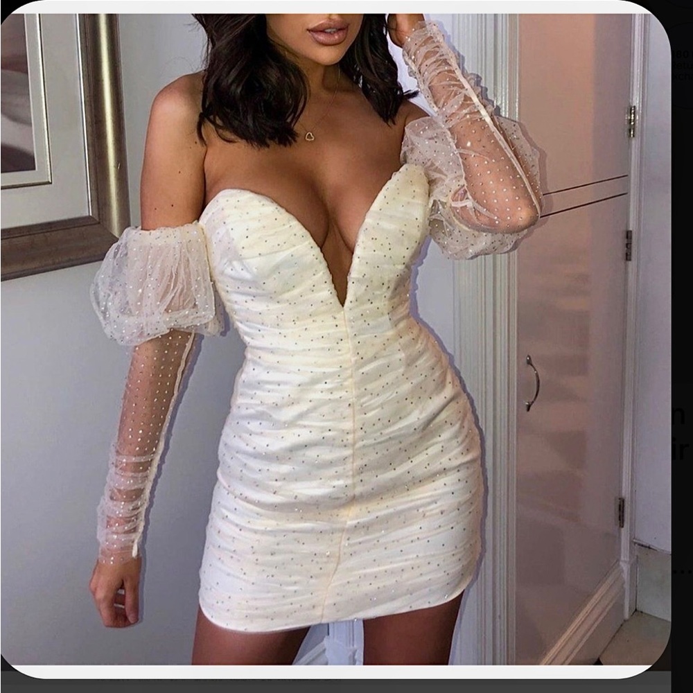 NWT House of CB Milana cream tulle mesh rhinestone puff sleeve mini ruched dress - Picture 2 of 7